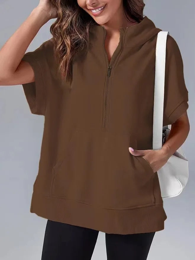 Everyday women's hooded top, short sleeves, half-zip, and useful pockets for convenience.