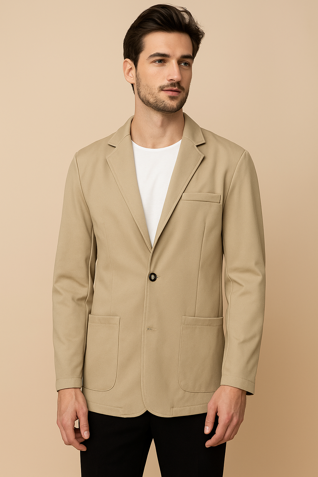 Sophisticated men's khaki blazer with a classic notch lapel. Timeless outerwear for versatile smart casual looks.