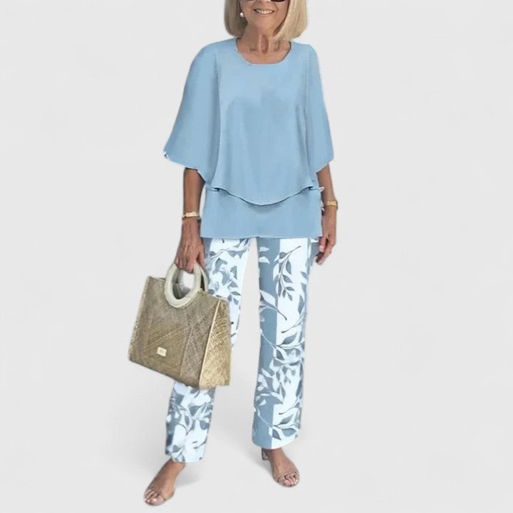Woman in a sophisticated loose two-piece set, ideal for casual outings or relaxed elegant fashion.