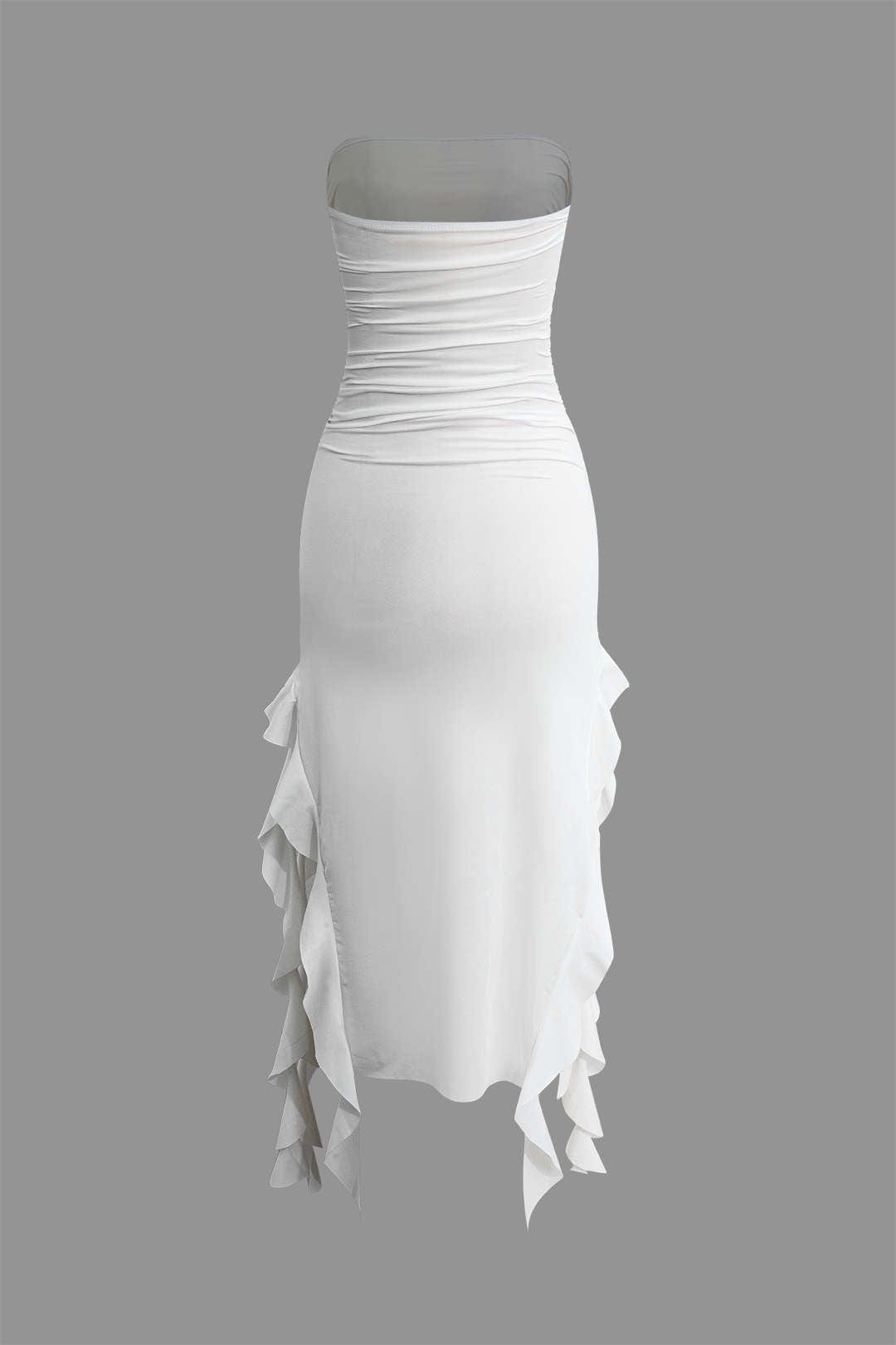 Elegant fringe hem bodycon midi dress, strapless for a sophisticated evening look.