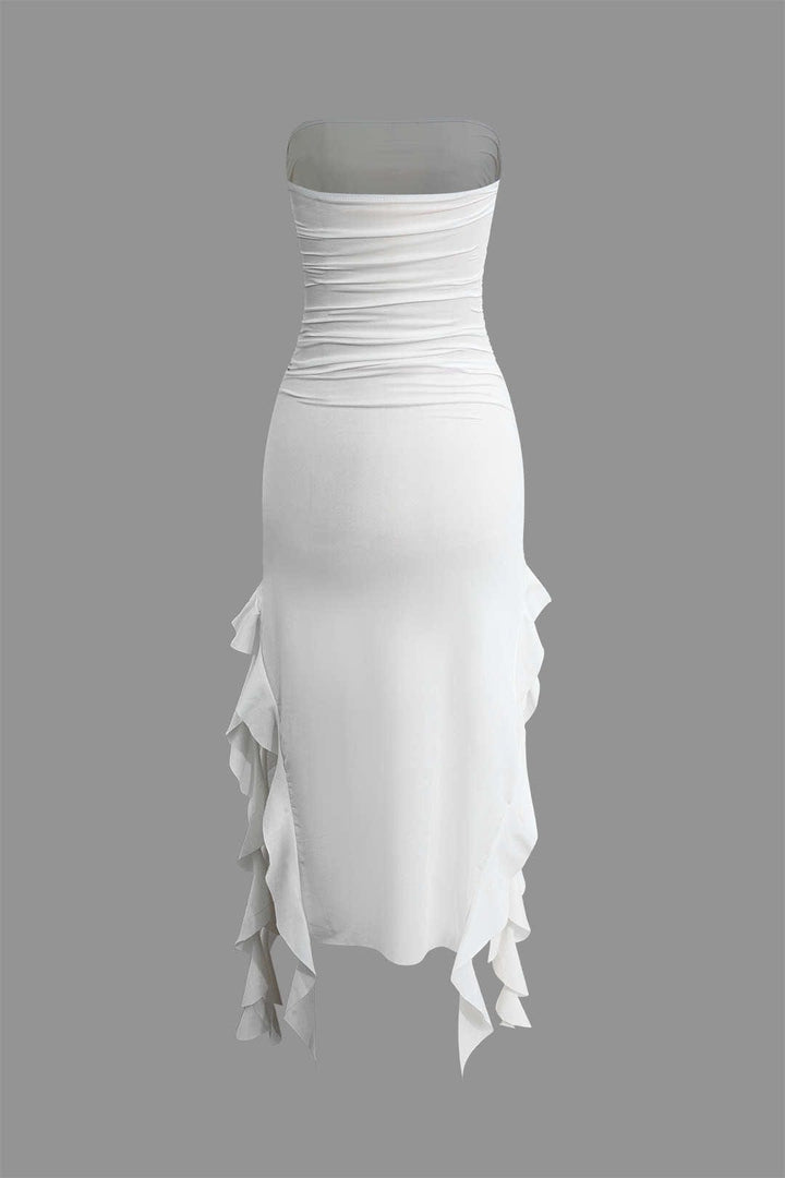 Elegant fringe hem bodycon midi dress, strapless for a sophisticated evening look.