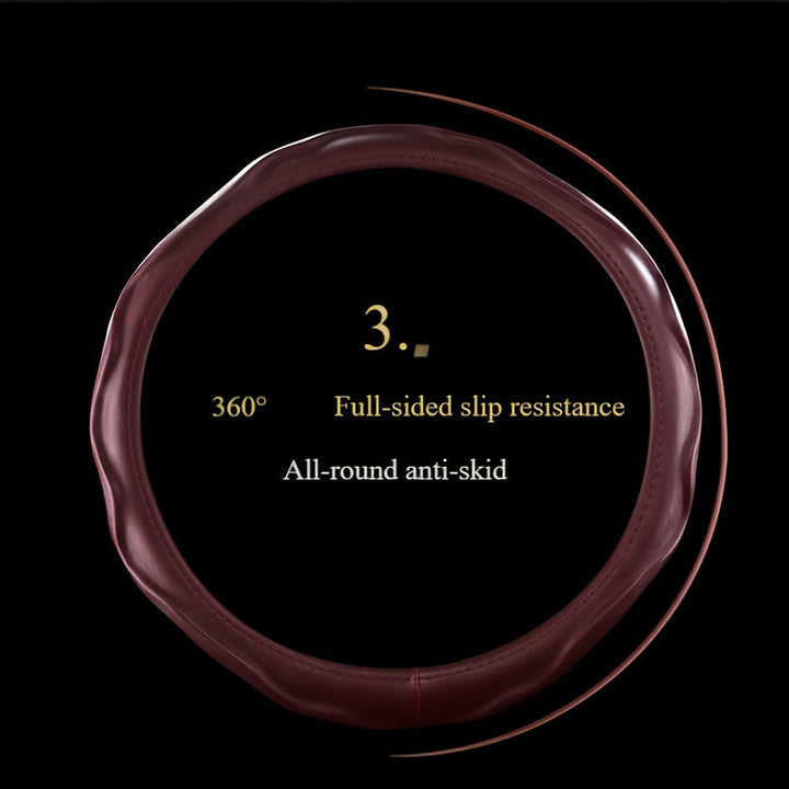 Protect your steering wheel with this universal PU leather cover, offering non-slip grip and driving comfort.