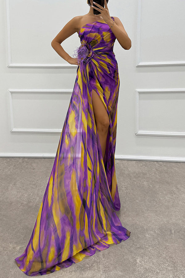 Stunning women's watercolor off-shoulder pleated maxi dress, ideal as an evening gown or special occasion party dress.