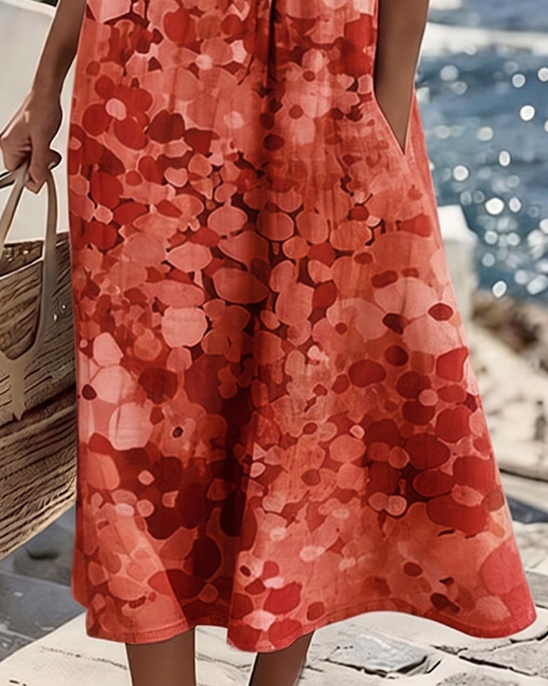 Everyday comfortable women's floral midi dress, round neck, short sleeve, summer fashion staple.