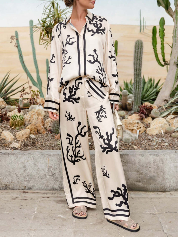 Women's Silk-Like Blouse & Wide-Leg Pants Set