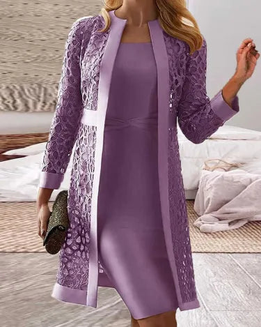 Elegant women's lace cardigan dress two-piece set for a chic summer look. Stylish & versatile outfit.