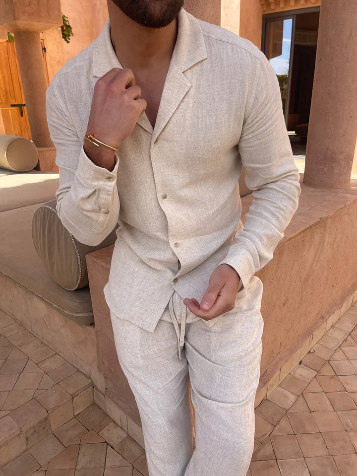 Camel minimalist men's linen blend two-piece set, a breathable and versatile choice for any occasion.