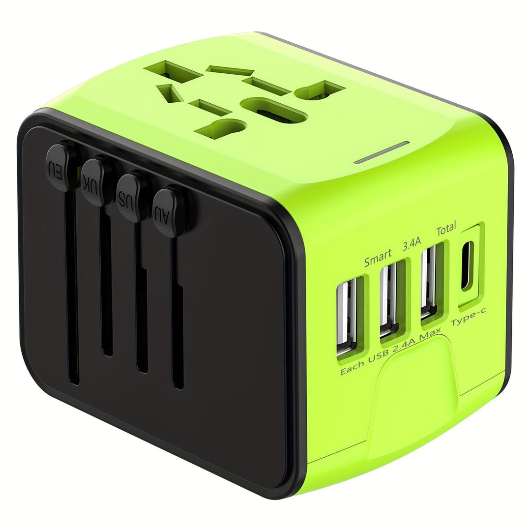 Worldwide travel adapter with 4 USB & Type-C ports, ensuring fast, safe charging for electronic devices.