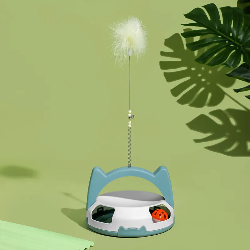 Interactive cat toy featuring a spinning ball track & detachable feather wand for engaging playtime.