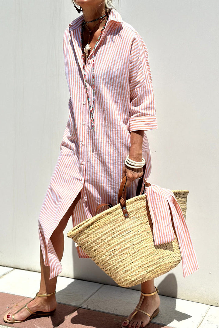 Women's pink striped shirt dress, comfortable V-neck summer fashion, perfect for casual days or beachwear.
