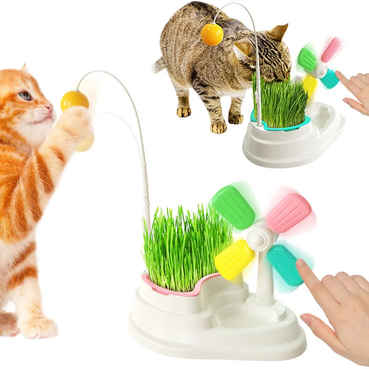 Interactive cat windmill toy with spinning blades & treat dispenser for mental stimulation and active pet play.