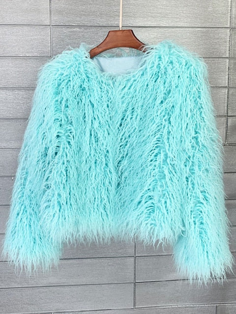 Modern elegant women's warm winter coat. Stylish long-sleeve outerwear for cozy autumn & winter fashion trends.