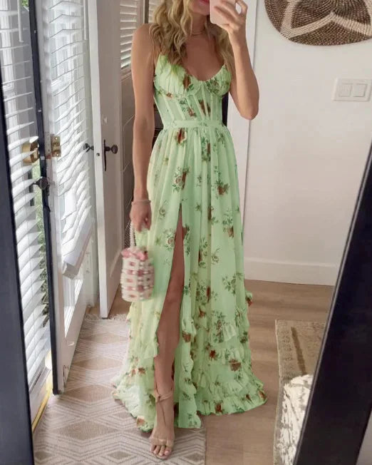 Flowy women's V-neck dress with a beautiful floral print, ideal for summer parties & casual wear.