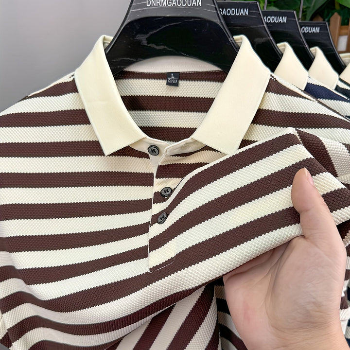 Folded men's striped polo shirt, short sleeve with a contrast collar design, a comfortable and versatile everyday top.