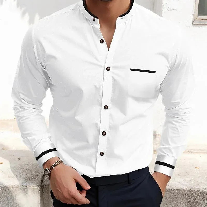 Men's button-down long-sleeve shirt with a sophisticated Grandad collar and contrast trim chest pocket.