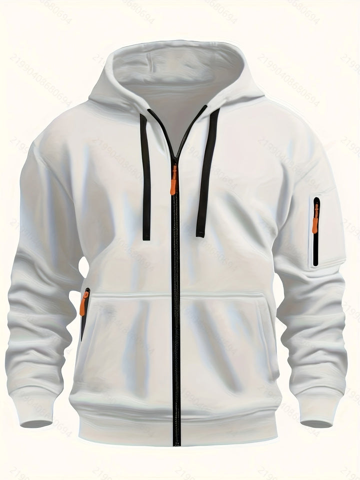 Full-zip hooded sweatshirt for men, perfect for outdoor layering.