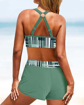Violet high waist bikini set with supportive top & shorts. Stylish two-piece swimsuit for women's summer vacation.