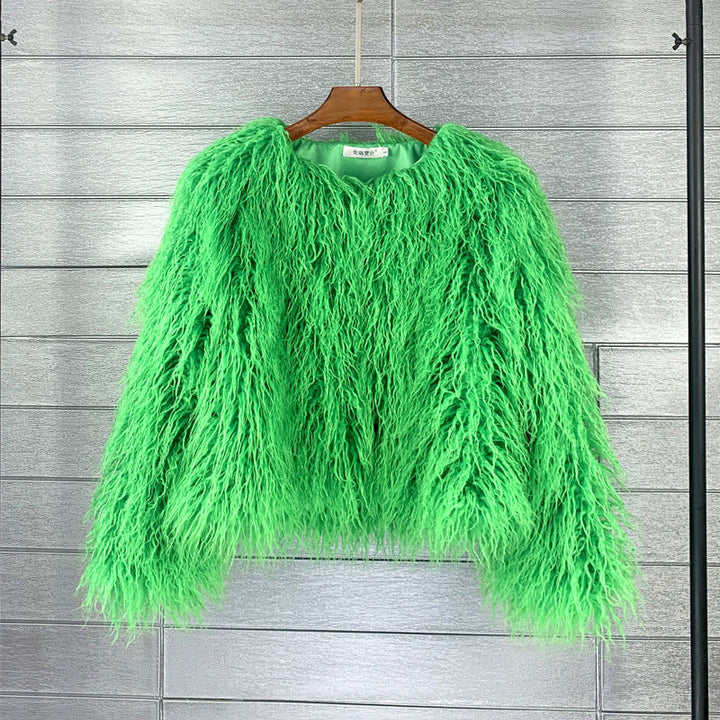 Stylish women's short fluffy jacket, cozy outerwear for autumn and spring fashion.