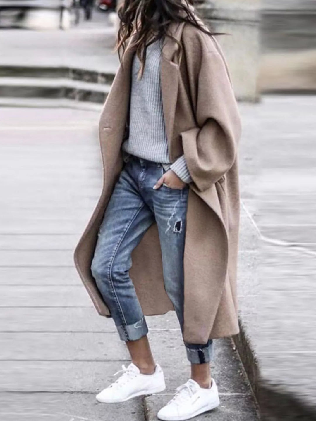 Cozy blue women's long winter coat, oversized for ultimate comfort and chic winter fashion.