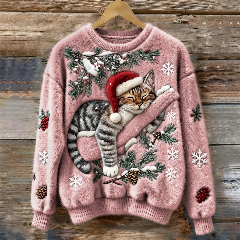 Festive women's cat print jumper with crew neck design, a cozy long sleeve top for holiday casual wear.