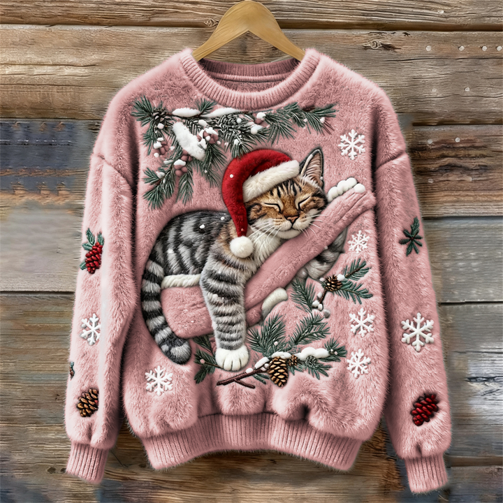 Festive women's cat print jumper with crew neck design, a cozy long sleeve top for holiday casual wear.