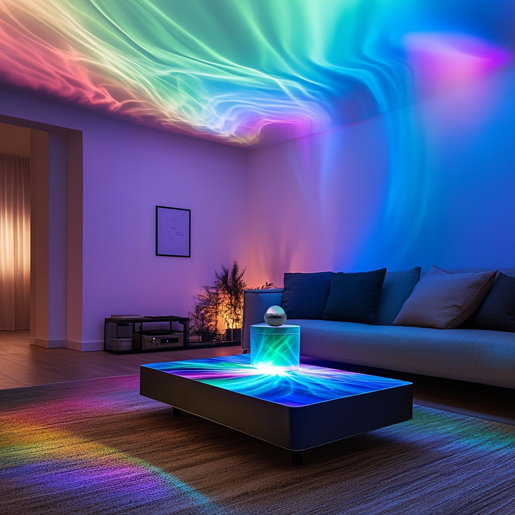 Magical Star Projector creating a colorful galaxy light show on a bedroom ceiling for kids & adults.