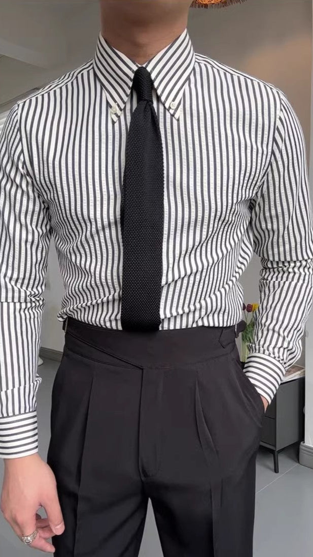 Essential men's striped long sleeve button-down dress shirt. Versatile for professional office attire & smart casual men's style.
