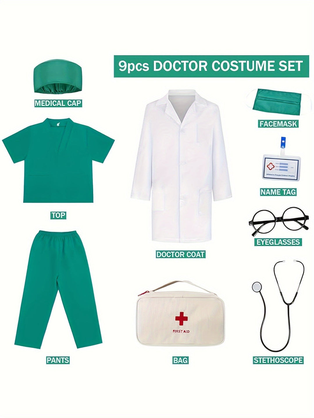 Kids' doctor Halloween costume set. Perfect for dress-up, roleplay, includes scrubs & accessories.