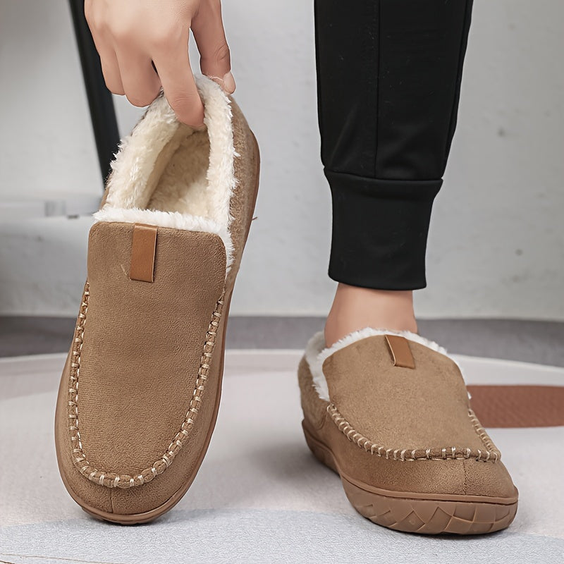 Warm men's indoor shoes with premium sheepskin lining & durable non-slip sole for cozy safety at home.