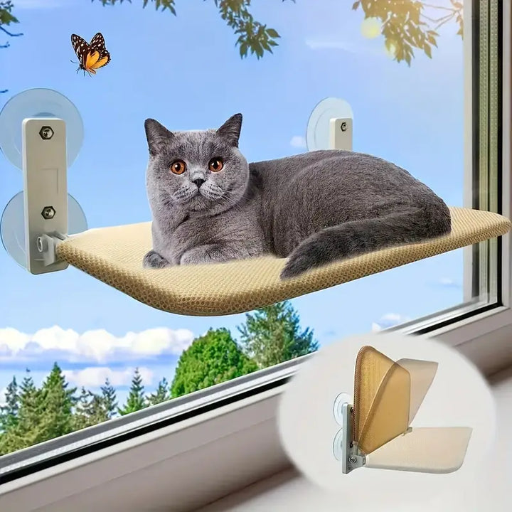 Foldable cat window hammock with strong suction cups, providing a cozy perch for feline pets.
