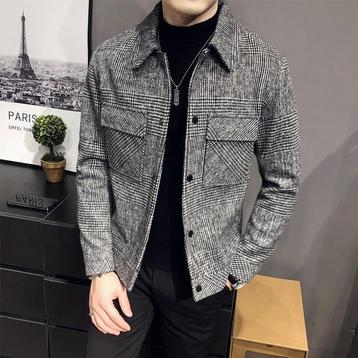 Stylish men's button-up plaid shirt jacket. Comfortable outerwear for fall and winter fashion.