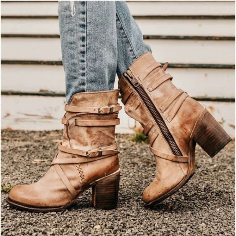 Women's Ankle Boots with Buckle Straps and Block Heel