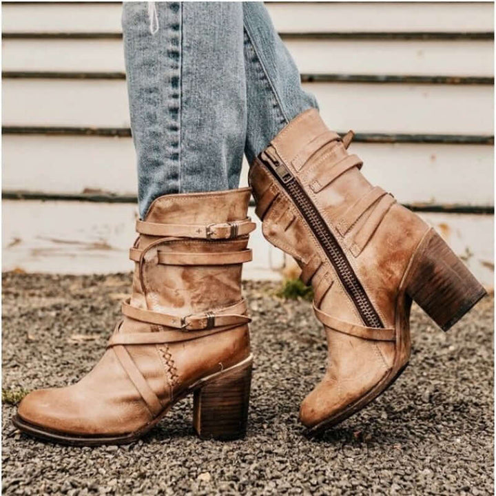 Women's Ankle Boots with Buckle Straps and Block Heel