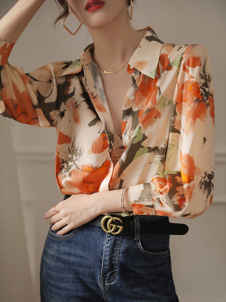 Elegant women's floral ink print blouse, perfect for spring & summer smart casual outfits.