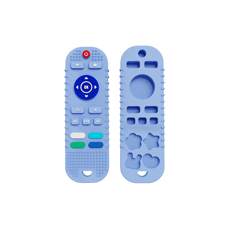 Soft silicone remote control baby teether, designed to relieve teething discomfort for newborns and infants.