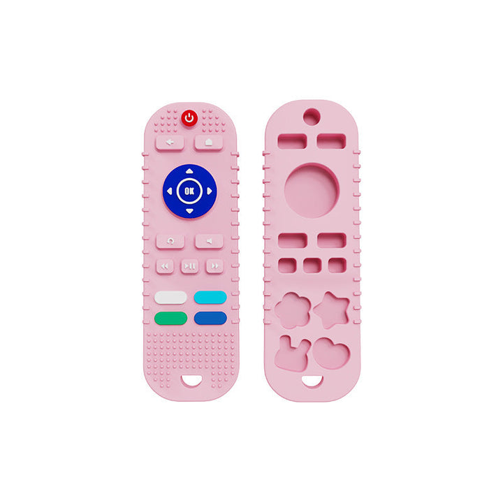 Realistic remote control teething toy made of food-grade silicone, a sensory and early learning tool for babies.