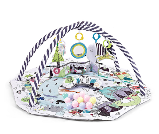 Infant activity gym playmat with detachable sensory toys for tummy time & early learning. Washable.