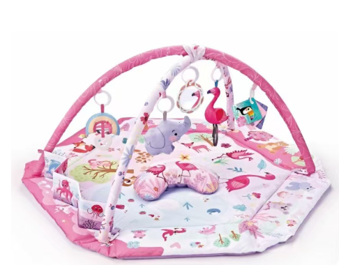 Colorful baby activity play mat with arches & dangling sensory toys. Great for infant development & play.