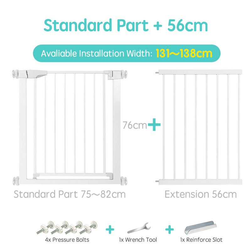 Easy-install white baby safety gate, secure and expandable for stairs.