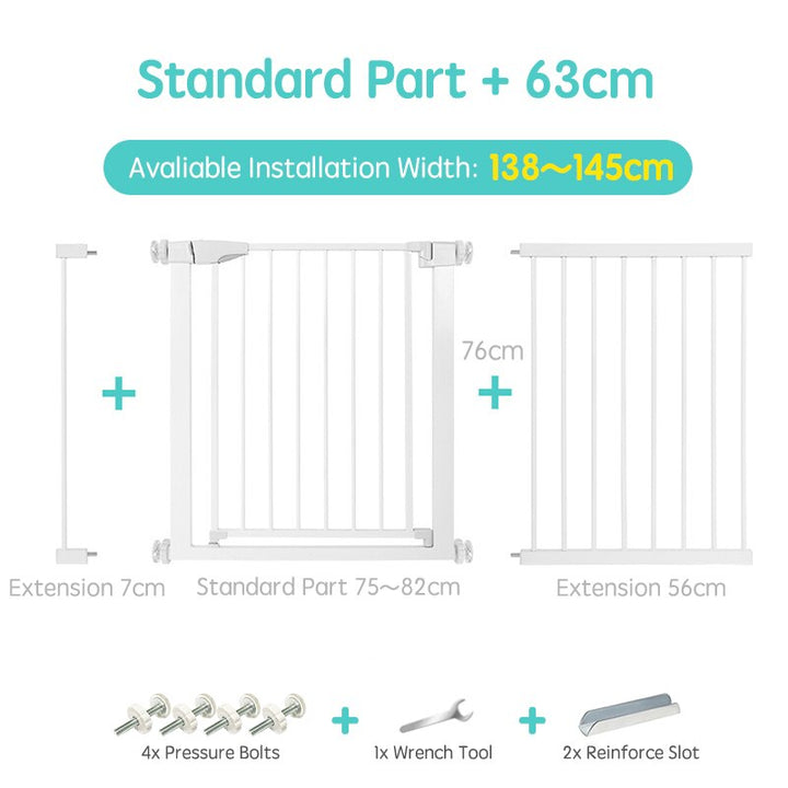 Durable child protection stair gate, white, essential for baby proofing your home.