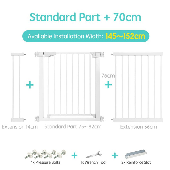 Metal white baby gate, sturdy and secure for infant and toddler safety on stairs.