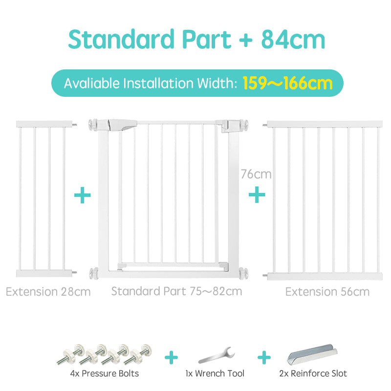 Secure home baby gate, white, for child safety on stairs, easy single-hand operation.