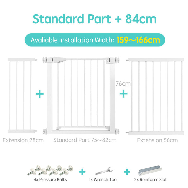 Secure home baby gate, white, for child safety on stairs, easy single-hand operation.