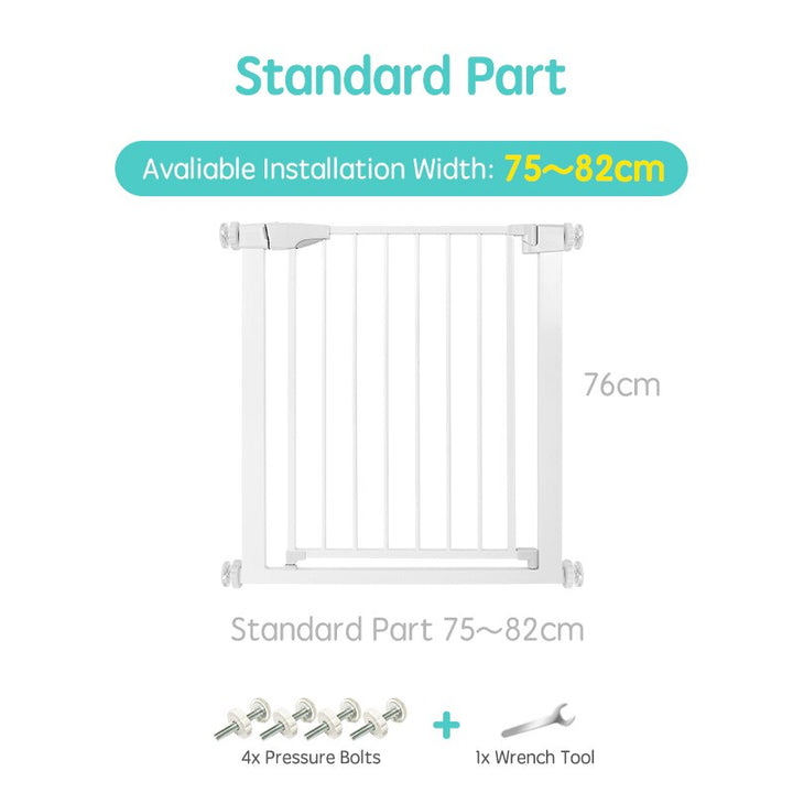 Expandable child safety gate for stairs, white, sturdy infant protection barrier.