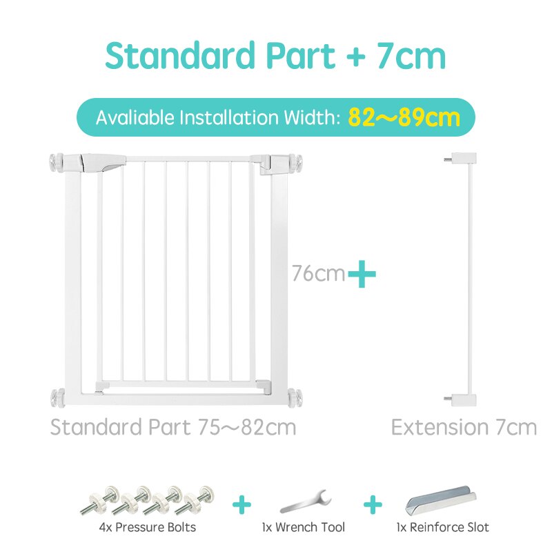 White baby proofing stair gate, ensuring toddler safety and secure home.