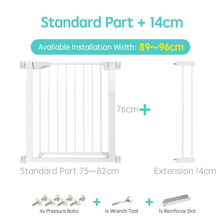 Modern baby safety gate, pressure-mounted for secure child protection at stairs.