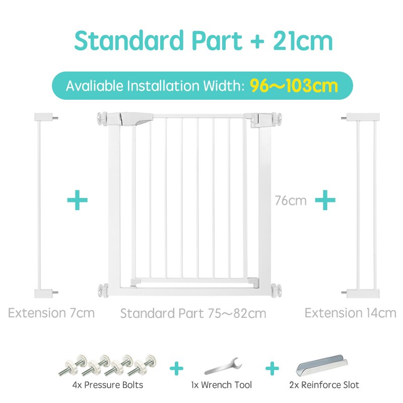 Infant protection gate, white, durable and expandable for various home openings.