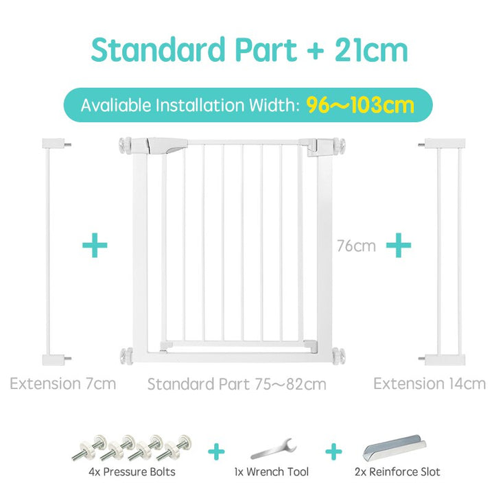 Infant protection gate, white, durable and expandable for various home openings.