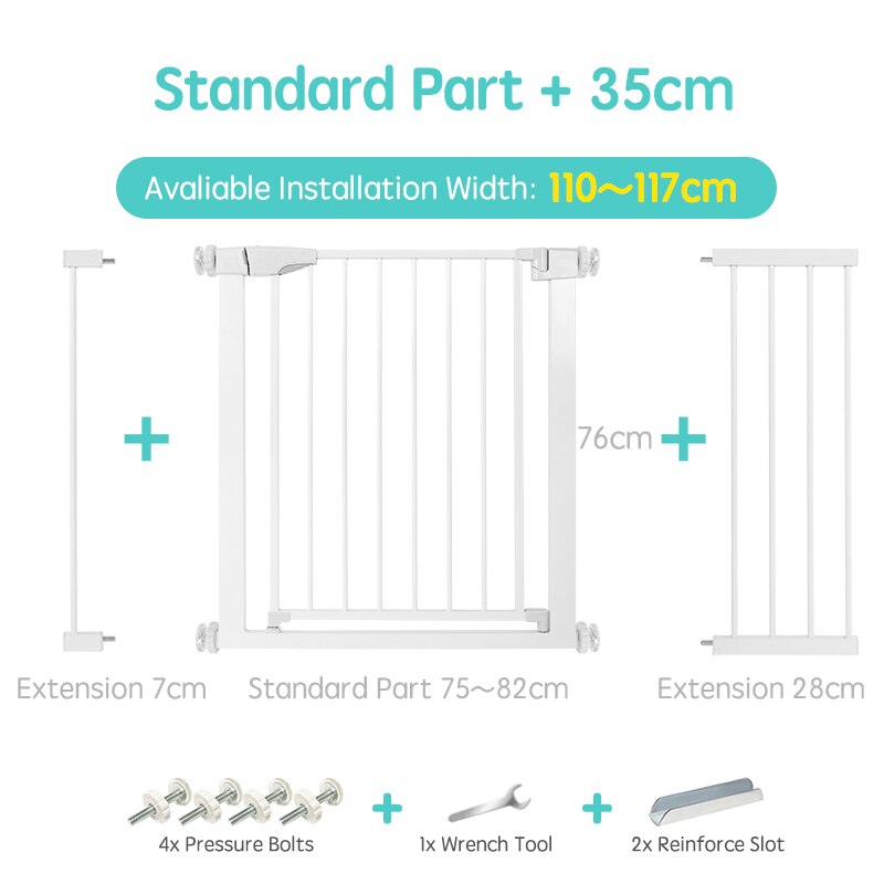 Adjustable white baby gate, perfect for child safety and home security.