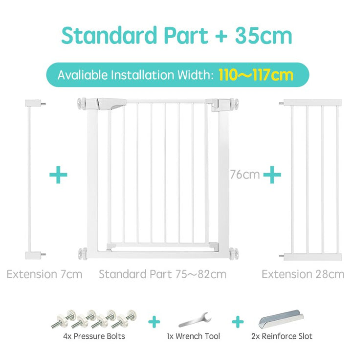 Adjustable white baby gate, perfect for child safety and home security.